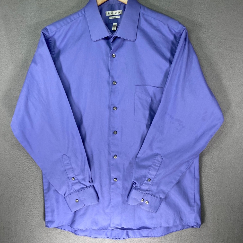 Van Heusen Purple Dress Shirt Men 16.5 34/35‎ Regular Fit Wrinkle Free Button Up